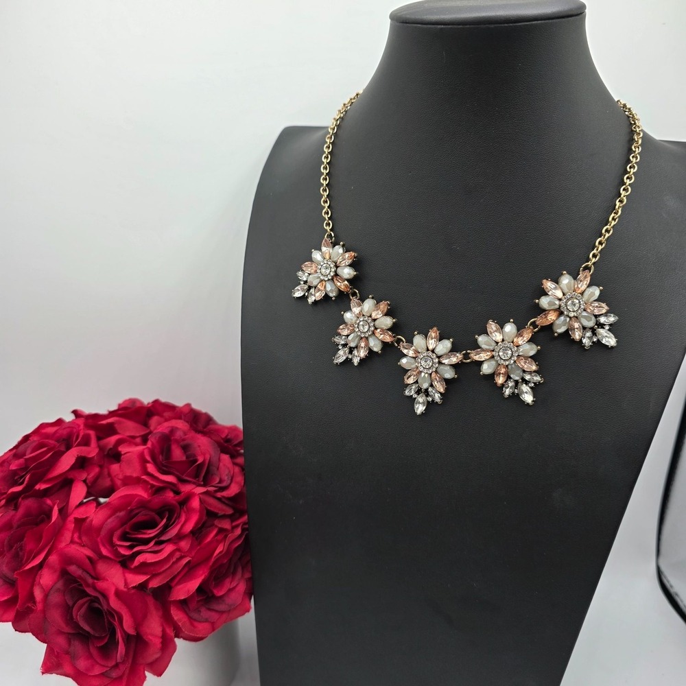 Gold Tone Floral Rhinestone‎ Statement Necklace Crystal Bridal Wedding Formal